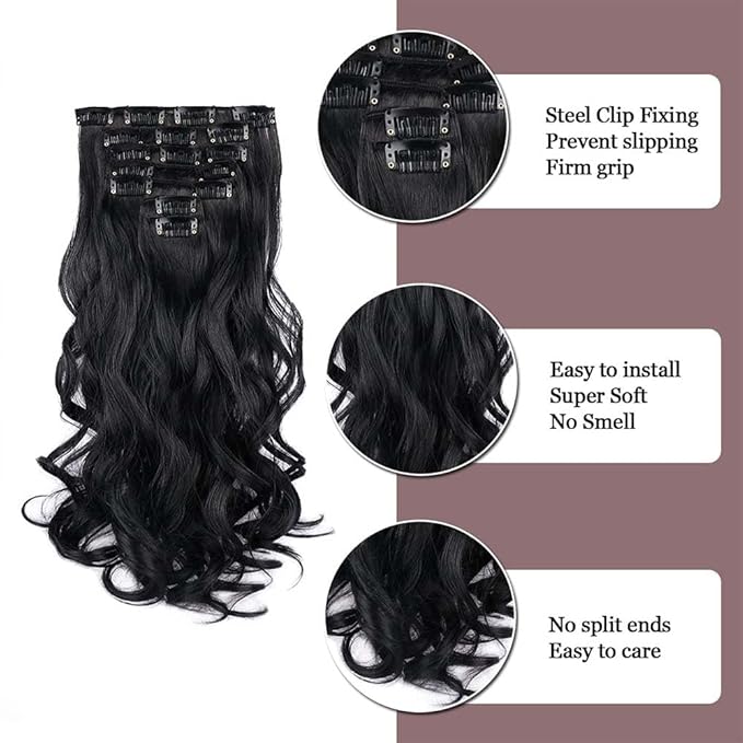 Gx Beauty 16 Inch Clip In Hair Extensions 7 PCS Long Wavy Synthetic Black Hair Extension & Natural Soft Invisible Clip Thick Hairpieces for Women Daily(16Inch, 7pcs, Black)