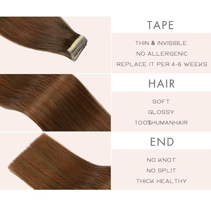 Tape in Hair Extensions Human Hair 20pcs Remy Hair Extensions 18 Inch Chestnut Brown Mixed Dark Auburn Human Hair Tape in Extensions Skin Weft Tape Extensions Human Hair (4/4/33#,18 Inch)
