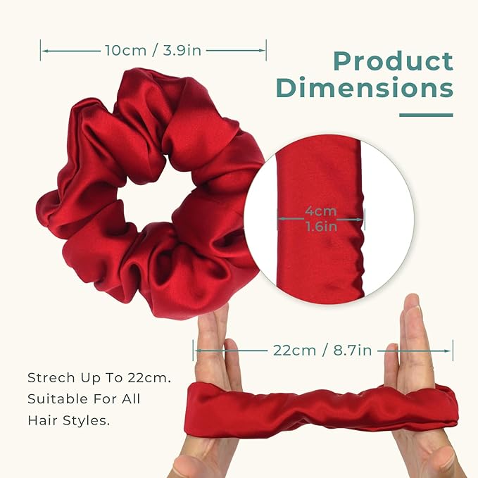 Pure Silk Scrunchies, 100% Mulberry Silk Hair Elastic for Women, Anti-Crease, Gentle on Hair (2, Red&Green)