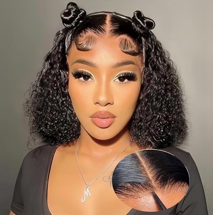 Curly Bob Wig Human Hair Glueless Wigs Human Hair Pre Plucked Pre Cut 4x4 HD Lace Closure Wear and Go Glueless Wigs Human Hair 150% Density Short Curly Bob Wigs for Black Women 10 Inch