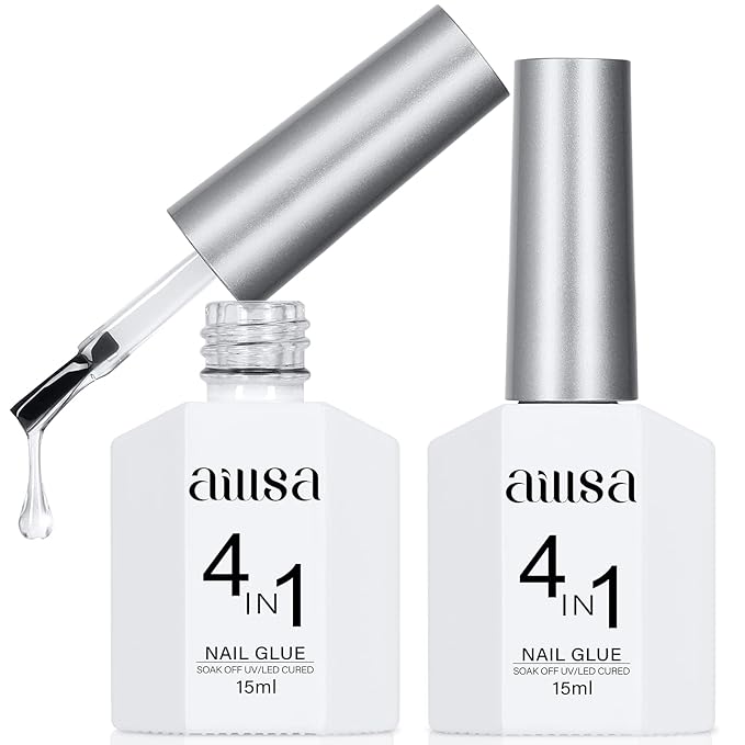 AILLSA 2PCS Gel Nail Glue for Acrylic Nails, 4 in 1 Super Strong Nail Gel Glues for False Nail Tips U V Curing Needed, 15ml High Capacity Gel Extension Brush On Nail for Rhinestone Pearl Foil