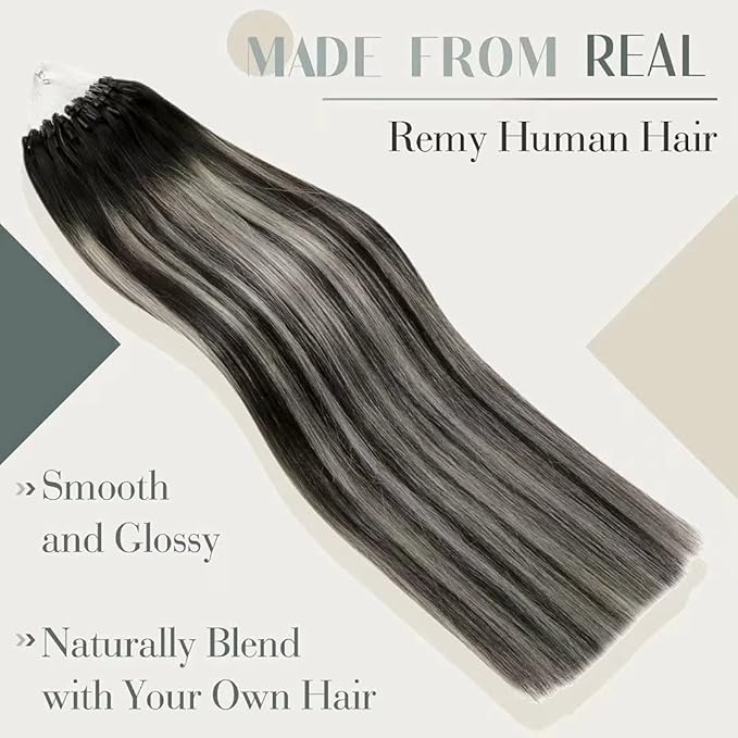 LaaVoo Micro Beads Hair Extensions Ombre Natural Black to Grey Silver Micro Loop Hair Extensions Real Human Hair Balayage Cold Fusion 16 Inch 50g/50s