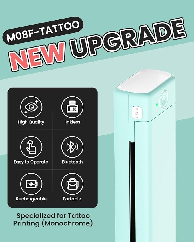Phomemo Tattoo Stencil Printer, M08F Wireless Thermal Tattoo Printer with 10pcs Transfer Paper, Compatible with Phone/Tablet/PC, Tattoo Supplies for Tattoo Artists & Beginners, Green