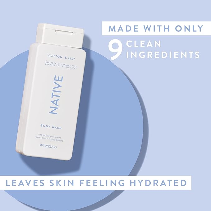 Native Body Wash Contains Naturally Derived Ingredients | For Women & Men, Sulfate, Paraben, & Dye Free Leaving Skin Soft and Hydrating | Cotton & Lily 18 oz