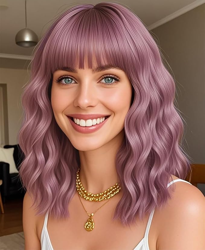 WAVE&BREEZE Short Purple Wigs with Bangs 14Inch Wavy Curly Bob Hair Wig for Women Shoulder Length Natural Looking Hair Replacement Wig for Daily Party Cosplay Costume Halloween