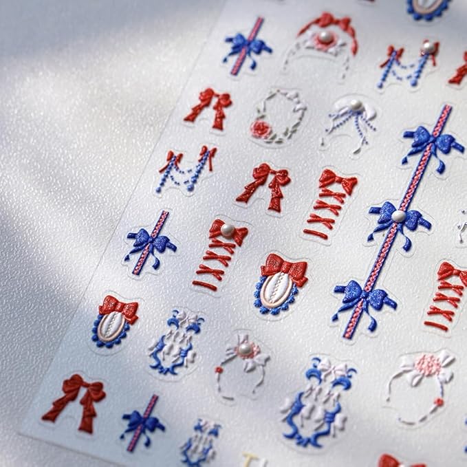 5D Embossed Bows Nail Stickers, Pearl Nail Art Sticker Self-Adhesive Nail Decals for Women Red and Blue Nail Supplies Art Design Stickers (1, Red and Blue)