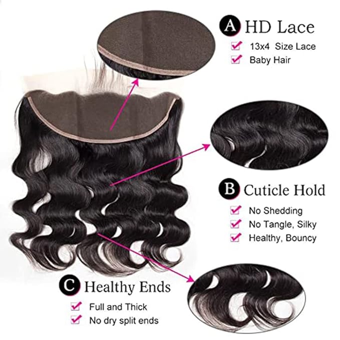 13x4 Ear to Ear Lace Frontal Closure Body Wave 16 Inch Brazilian Human Hair 13x4 Transparent HD Lace Closure Pre Plucked with Baby Hair 150% Density Free Part Frontal Natural Black Color