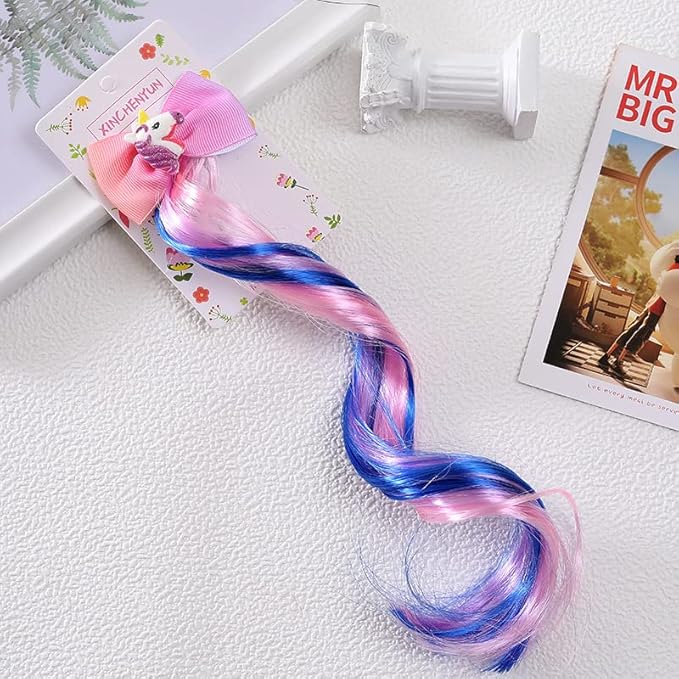 Ideal Swan 6 Set Hair Extensions Clip - Colored Straight Curly Hair Extensions for Kids Ponytails Girls, Rainbow Thick Wig Clip in Fake Bangs with Cute Unicorn Accessories (Curly Hair 02)