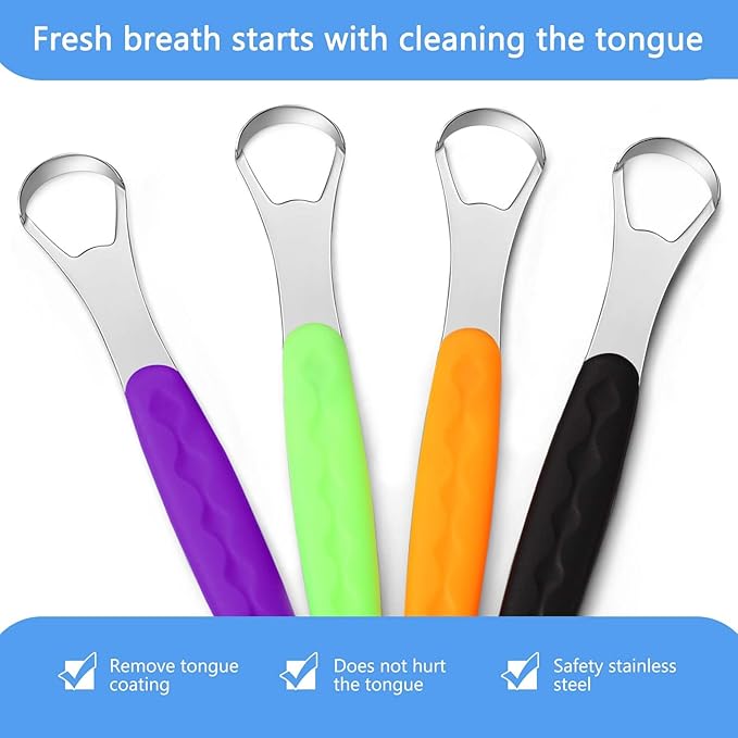 4 Pcs Tongue Scraper Cleaner Adults and Kids Stainless Steel Tongue Brush Metal Scraper Reduce Bad Breath with Travel Cases for Men Women Oral Mouth(Orange, Green, Black and Purple)