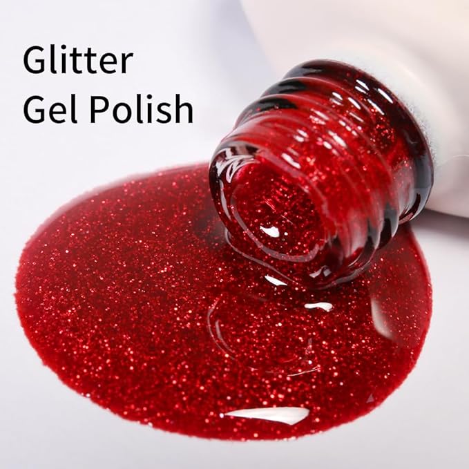 Red Glitter Gel Polish Hema Free 0.34 OZ Same Color Same Top Cover Christmas Red Reflective Sparkle UV Polish Manicure Art DIY