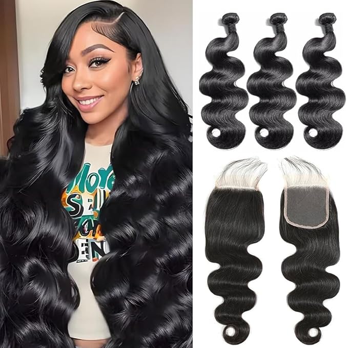 12A Human Hair Bundles with Closure 20 22 24+18 Inch Body Wave Bundles Human Hair Unprocessed Brazilian Virgin Hair Bundles with 4x4 Lace Closure for Women Natural Color