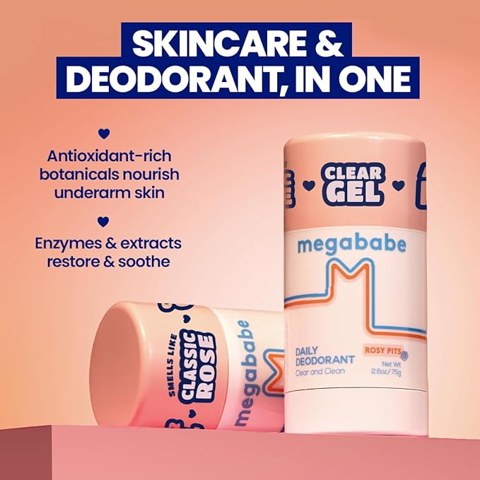 Megababe Daily Deodorant - Rosy Pits with 72 hour Odor Protection | Holiday Gifts for Women | Aluminum-Free, Clear & Clean | Fresh rose scent | 2.6 oz