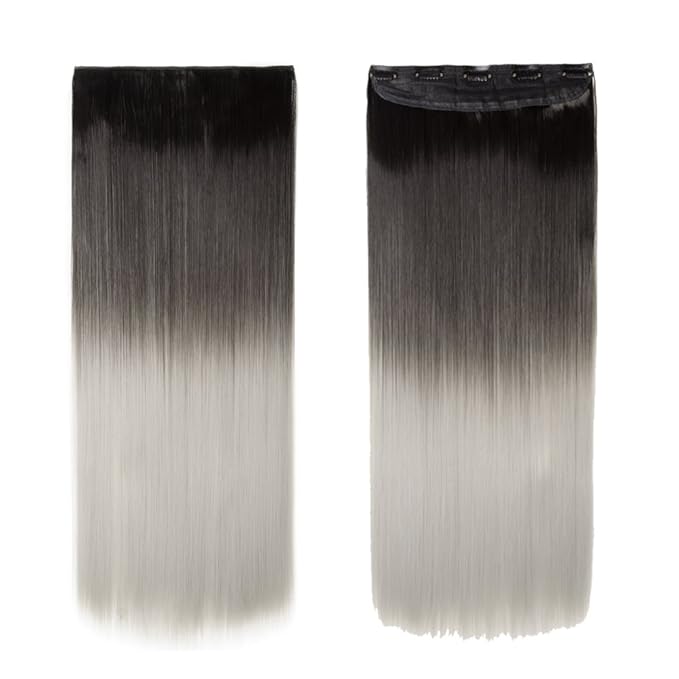 S-noilite Dip Dye Clip in Hair Extensions Ombre Two Color Long Thick Curly Wavy Straight 3/4 Full Head Synthetic Hairpiece Japanese Fiber Trendy Fashion (Dark Black to Silver Grey)