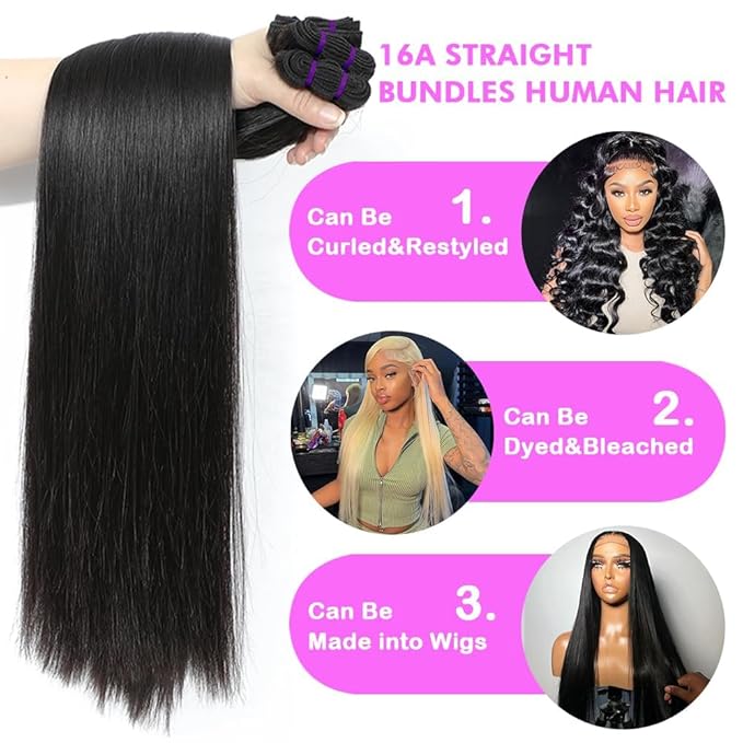 Straight Bundles Human Hair 100% Unprocessed Virgin Remy Hair 16A Straight Quick Weave 3 Bundles for Black Women Natural Color