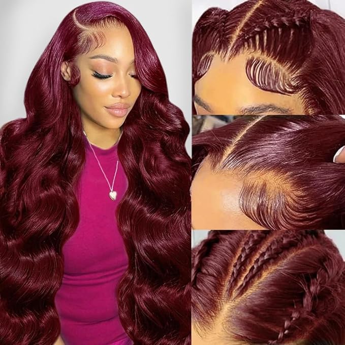 99j Burgundy 13x6 Body Wave Lace Front Wigs Human Hair 200% Density Glueless HD Transparent Lace Frontal Wigs Human Hair Pre Plucked With Baby Hair Burgundy Wine Red Wigs For Women 34 Inch