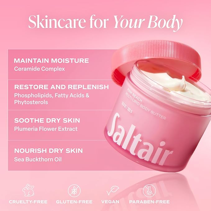 Saltair Multi-Lipid Body Butter - Rich, Nourishing Hydrating Body Cream with Ceramide Complex, Coconut Oil, Shea Butter, and Sea Buckthorn. Moisturizing Dry Skin Care. 10oz Jar - Pink Beach