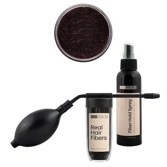 Hair Illusion Combo Kit - Hold Spray, 38g Hair Fiber Bottle, Applicator & Hairline Optimizer (Brown)