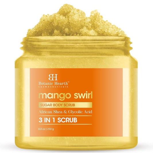 Botanic Hearth Mango Swirl Body Scrub | 8.8 Fl Oz | Exfoliating & Moisturizing Scrub for Smooth, Radiant Skin | Infused with African Shea & Glycolic Acid | 3 in 1 Scrub