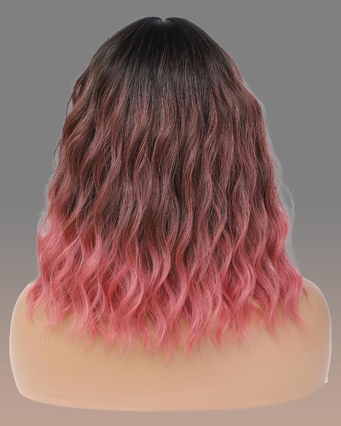 WAVE&BREEZE Short Ombre Pink Wigs with Bangs 14Inch Wavy Curly Bob Hair Wig for Women Shoulder Length Natural Looking Hair Replacement Wig for Daily Party Cosplay Costume Halloween