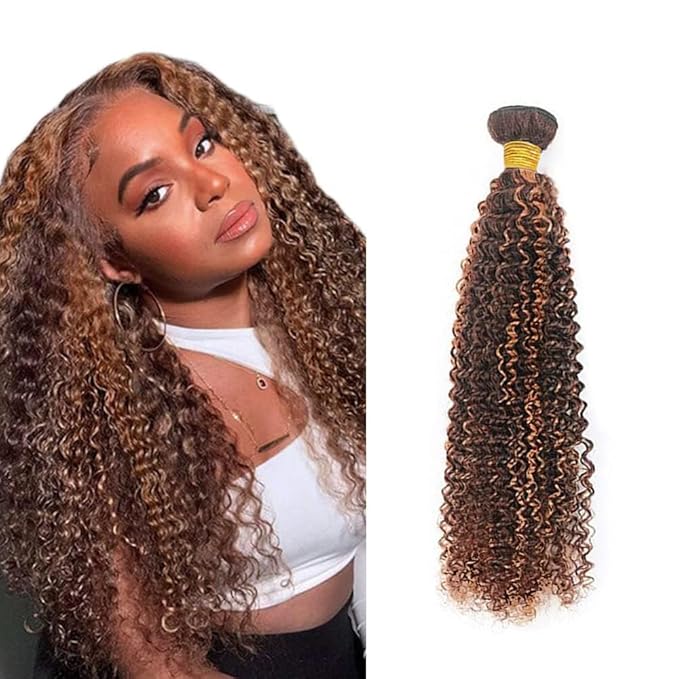 Highlight Bundles Human Hair P4/30 Kinky Curly Bundles Brazilian Virgin Hair Single Bundle 12 Inch Light Brown Bundle Human Hair Extensions