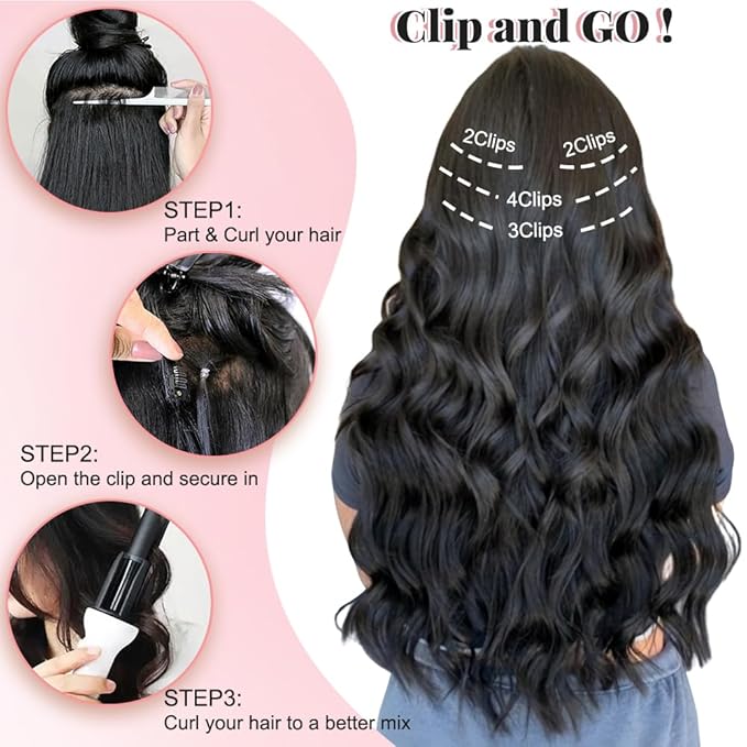 ALXNAN Clip in Long Wavy Synthetic Hair Extension 20 Inch Brown with Highlights 4PCS Thick Hairpieces Fiber Double Weft Hair for Women