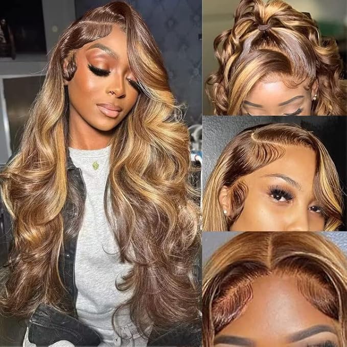 Aicrelery 26 Inch Highlight 13x6 Body Wave HD Transparent Lace Front Wigs Human Hair 4/27 Honey Blonde Body Wave Lace Frontal Wig For Women 180% Density Glueless Ombre Wig Pre Plucked with Baby Hair