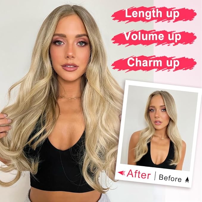 ALXNAN Long Wavy Hair Extensions for Women, Clip in Hair Extensions Clip Ins Soft Full Head Synthetic Hairpieces 20 Inch Light Brown mix Golden Blonde