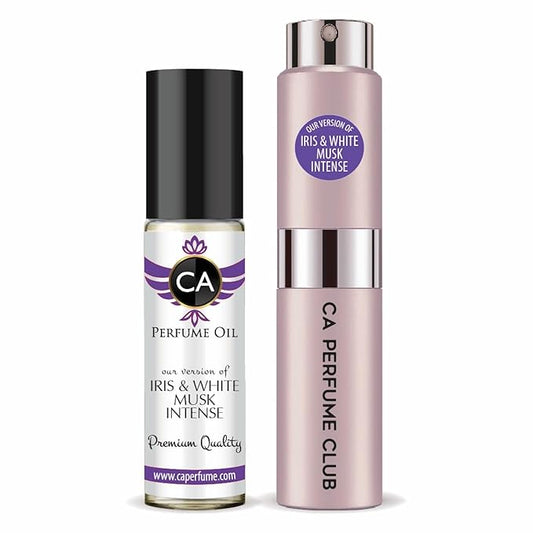 CA Perfume Duo Impression of Iris & White Musk Intense For Women Perfume Layering Set Long Lasting Travel Size EDP + Body Oil Roll-On Bottle 0.27 Fl Oz+0.33 Fl Oz