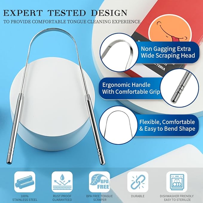 VIWIK 4 Pack Tongue Scraper for Adults, 100% Stainless Steel, Reduce Bad Breath, Tongue Scrubber, Easy to Use, Tongue Cleaner for Oral Care & Hygiene
