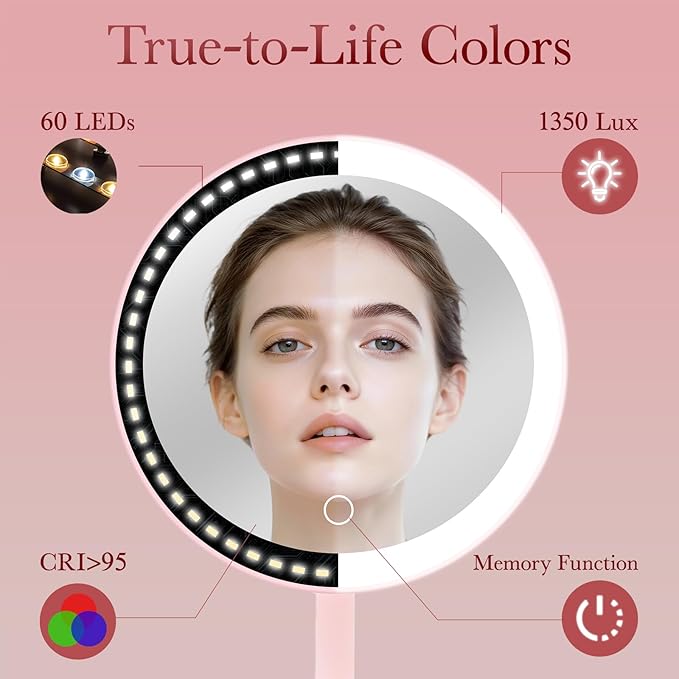 Makeup Mirror with Lights, 8" Magnetic Pink Vanity Mirror with Lights for Desk, Brightness Adjustable Lighted Makeup Mirror for Kids/Girls/Teens/Women with 3 Colors Lighting and 360° Rotation