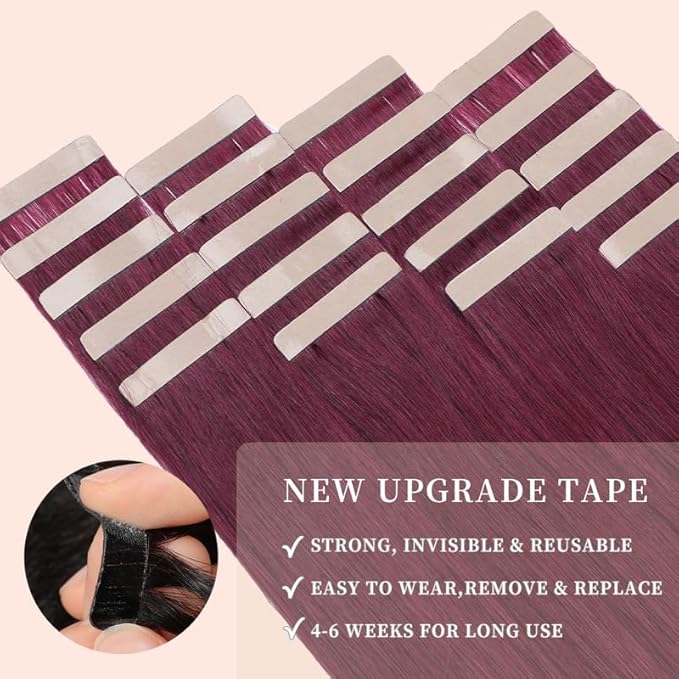 Burgundy Tape in Hair Extensions Human Hair 16 Inch Wine Red 99J Invisible Tape in Hair Extensions Double Sided Seamless Skin Weft Hair (#A99J,16 Inch)