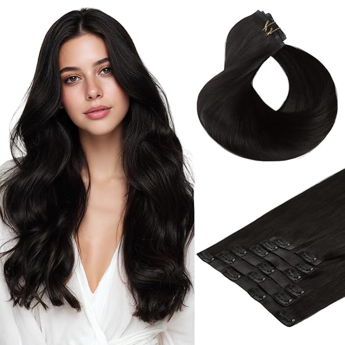 HOTBANANA Seamless Clip in Hair Extensions 20 inch 150g 7pcs Natural Black Clip in Remy Human Hair Extensions Straight Hair Invisible PU Skin Weft