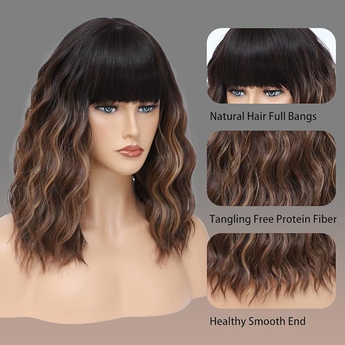 WAVE&BREEZE Brown Highlight Blonde Wig with Bangs Short Curly Bob Wigs for Women 14 Inch Shoulder Length Natural Looking Hair Replacement Wigs for Cosplay Party Use