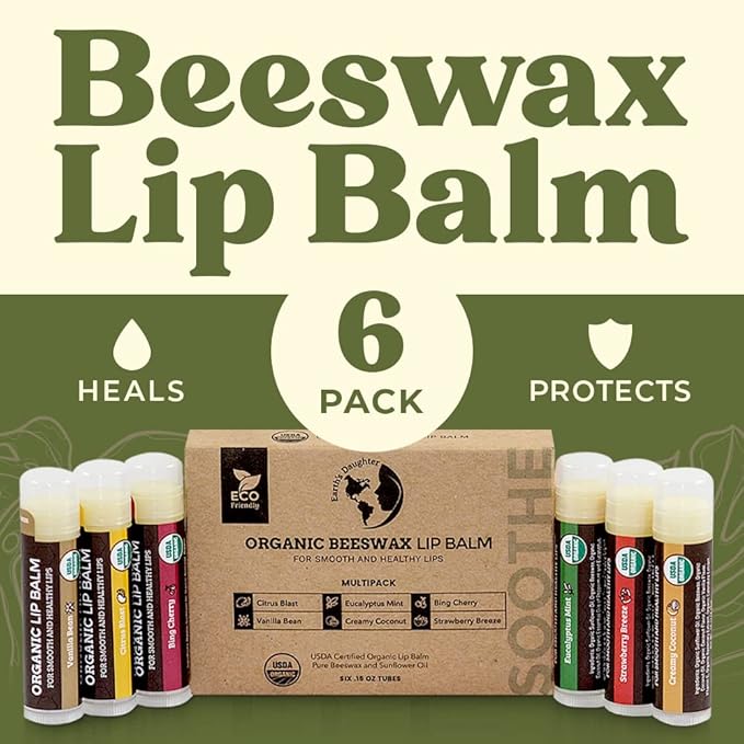 Earth's Daughter USDA Organic Lip Balm 6-Pack Stocking Stuffers - Fruit Flavors, Beeswax, Coconut Oil, Vitamin E - Best Lip Repair Chapstick for Dry Cracked Lips - Moisturizing Lip Care
