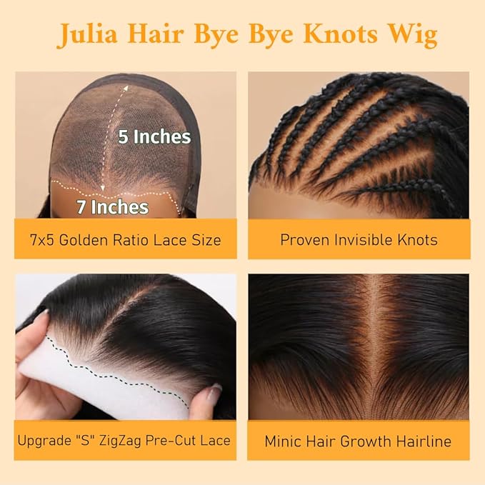 Julia Hair Bye Bye Knots Glueless Wig Yaki Human Hair Lace Wig Invisible Knots Put On and Go Pre Cut 7x5 Lace Front Wigs for Beginners Pre Bleached Pre Plucked No Glue150% Density 26 Inch