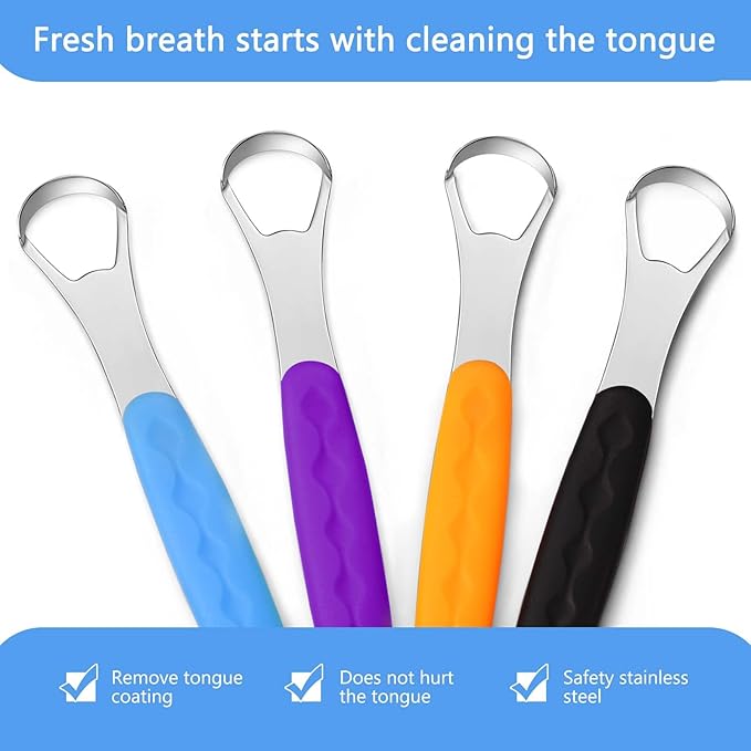 4 Pcs Tongue Scraper Cleaner Adults and Kids Stainless Steel Tongue Brush Metal Scraper Reduce Bad Breath with Travel Cases for Men Women Oral Mouth(Purple, Orange, Blue and Black)