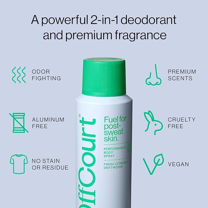 OffCourt Natural Body Spray for Men - Prebiotic Deodorizing Spray with Citrus and Driftwood Scent, 3.4 Ounce