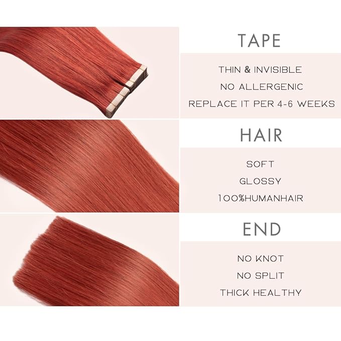 Tape in Hair Extensions Human Hair Copper Remy Hair Extensions 20pcs 14 Inch Straight Invisible Human Hair Tape in Extensions Skin Weft Tape Extensions Human Hair (350#,14 Inch)