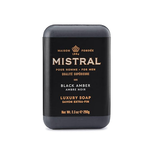 Mistral Black Amber Luxury Bar Soap for Men | Men’s Natural Soap Bar | Paraben, Phthalats Free | Moisturizing & Triple-Milled Natural Soap for Men - Made in France | Large, 8.8 oz