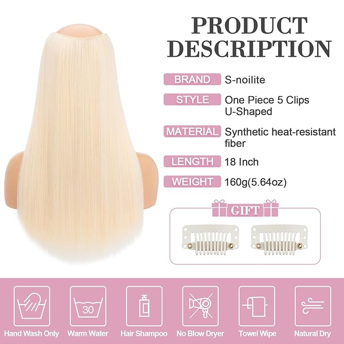 S-noilite One Piece Clip in Hair Extensions Balayage Blonde 18 Inch U-Shaped One Piece Weft Hair Extensions with 5 Clips Synthetic 3/4 Full Head Long Straight Clip in Hairpieces for Women,#02D/88/60
