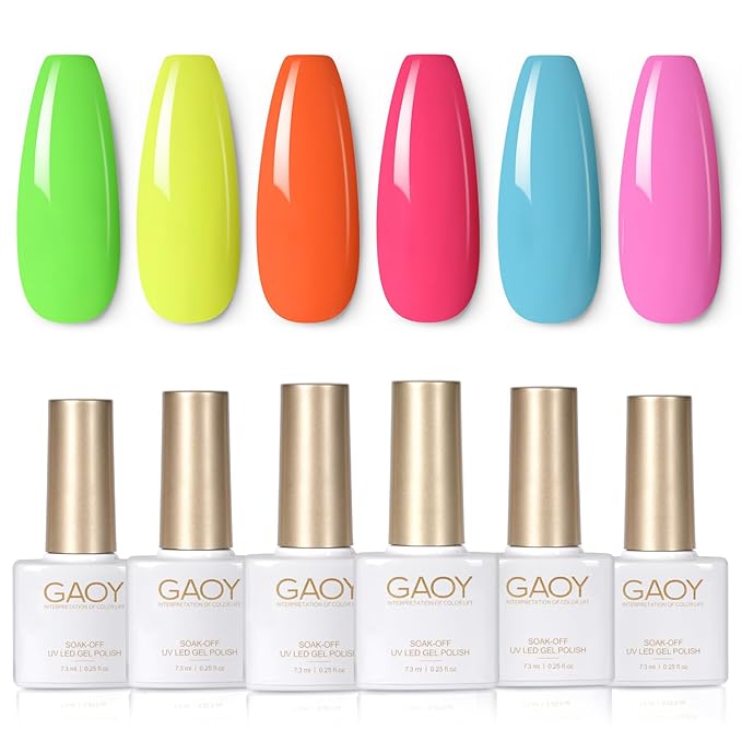 GAOY Neon Gel Nail Polish Set, 6 Bright Colors Orange Hot Pink Glow in Dark, Soak Off UV Light Cure Gel Polish Kit for Nail Art DIY at Home