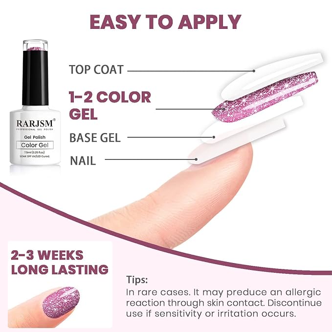 RARJSM Reflective Glitter Gel Polish Rose Pink Sparkle Rainbow Shimmer Gel Nail Polish Holographic 7.5ml Soak Off LED UV Bright Disco Diamond Nail Gelpolish Nail Art Manicure Salon DIY Home