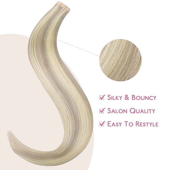 WENNALIFE Tape in Hair Extensions Human Hair Ash Blonde Highlighted Platinum Blonde Tape in Extensions, 10pcs 25g 18 inch Remy Invisible Tape Ins Straight Soft Real Human Hair Tape in Extensions