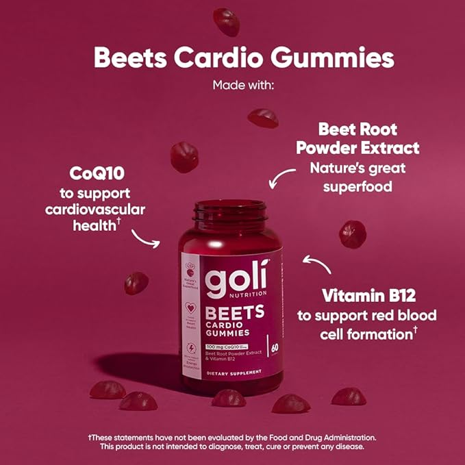 Goli Beets Cardio Gummies with CoQ10 and Vitamin B12 - Beetroot Extract - Cardiovascular Wellness - Vegan, Non-GMO, Gluten-Free - 180 Count (3 Pack)