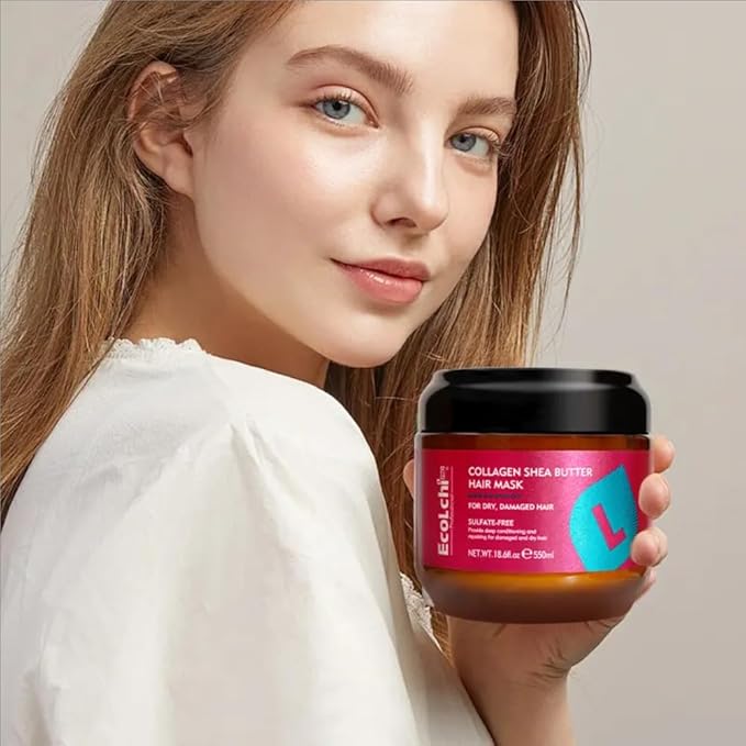 Ecolchi Collagen Hair Mask Deep Repair Conditioning Collagen Shea Butter Hair Treatment for Dry and Damaged Hair All Hair Types 18.6 oz 550ml