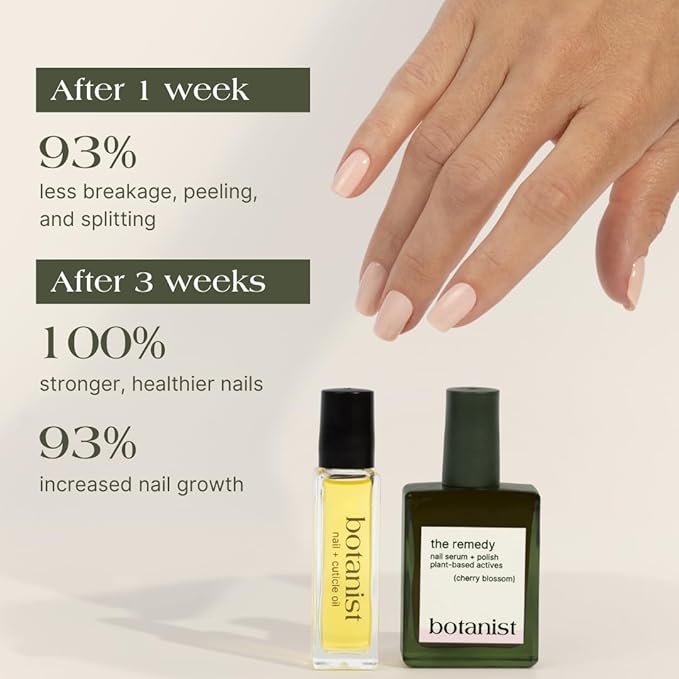 Botanist Nail Rescue Kit | Strengthening Polish + Growth Serum | Grow and Strengthen Nails Damaged from Acrylics, Dip, and Gel Manicures | Non-Toxic, 84% Plant Based, 21-Free & Vegan (Cherry Blossom)