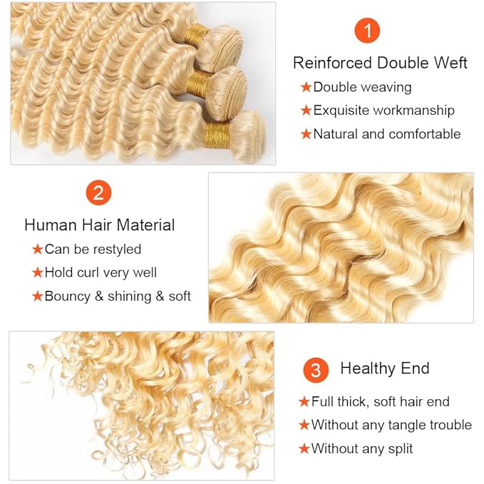 30 32 34 Inch 613 Deep Wave Bundles Blonde Human Hair Bundle Brazilian Virgin Hair 3 Bundles Blonde Deep Wave Bundle 613 Human Hair Extensions