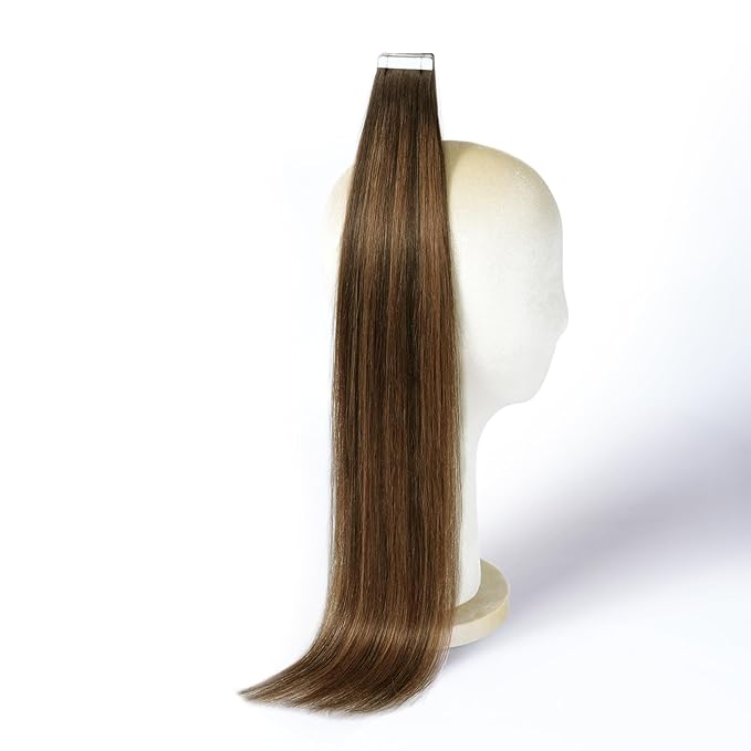 DNE Tape in Hair Extensions Real Human Hair 22 inches 20Pcs/50g/Pack Seamless Dark Brown to Chestnut Brown#T2-P2/6 Straight Invisible Double Sided Tape in Hair Extensions for Women/Girls