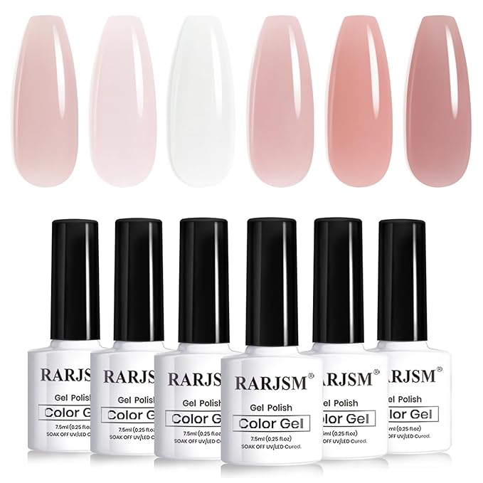 RARJSM Nude Jelly Gel Nail Polish Set Sheer Gray Pink Milky White Misty Roswood Pinkish Beige 6 Pcs Neutral Skin Tone Colors French Manicure Gelpolish Soak Off Curing Requires for Home Salon 7.5ml