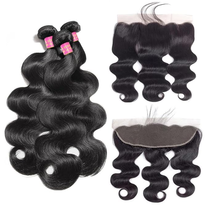 12A Body Wave 3 Bundles with Frontal Human Hair Bundles with 13x4 Lace Frontal (18 20 22+16 Inch) Brazilian Body Wave Hair Virgin Hair Ear to Ear 13x4 Frontal Natural Black